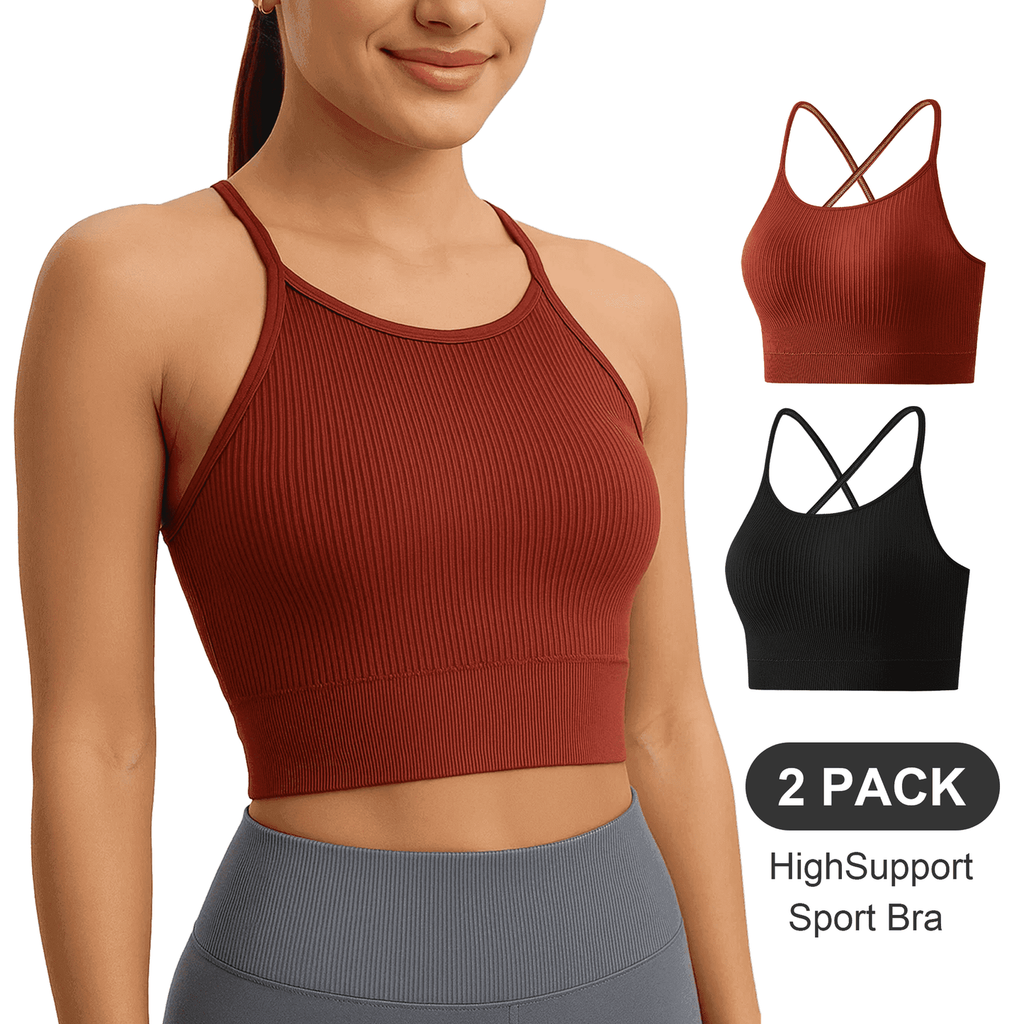 WQD 2 Pack Sports Bras for Women Crisscross Back Ribbed Knit Crop Top High Support Wirefree Padded Workout Yoga Bra Comfortable Athletic Tank Top for Gym Running Training
