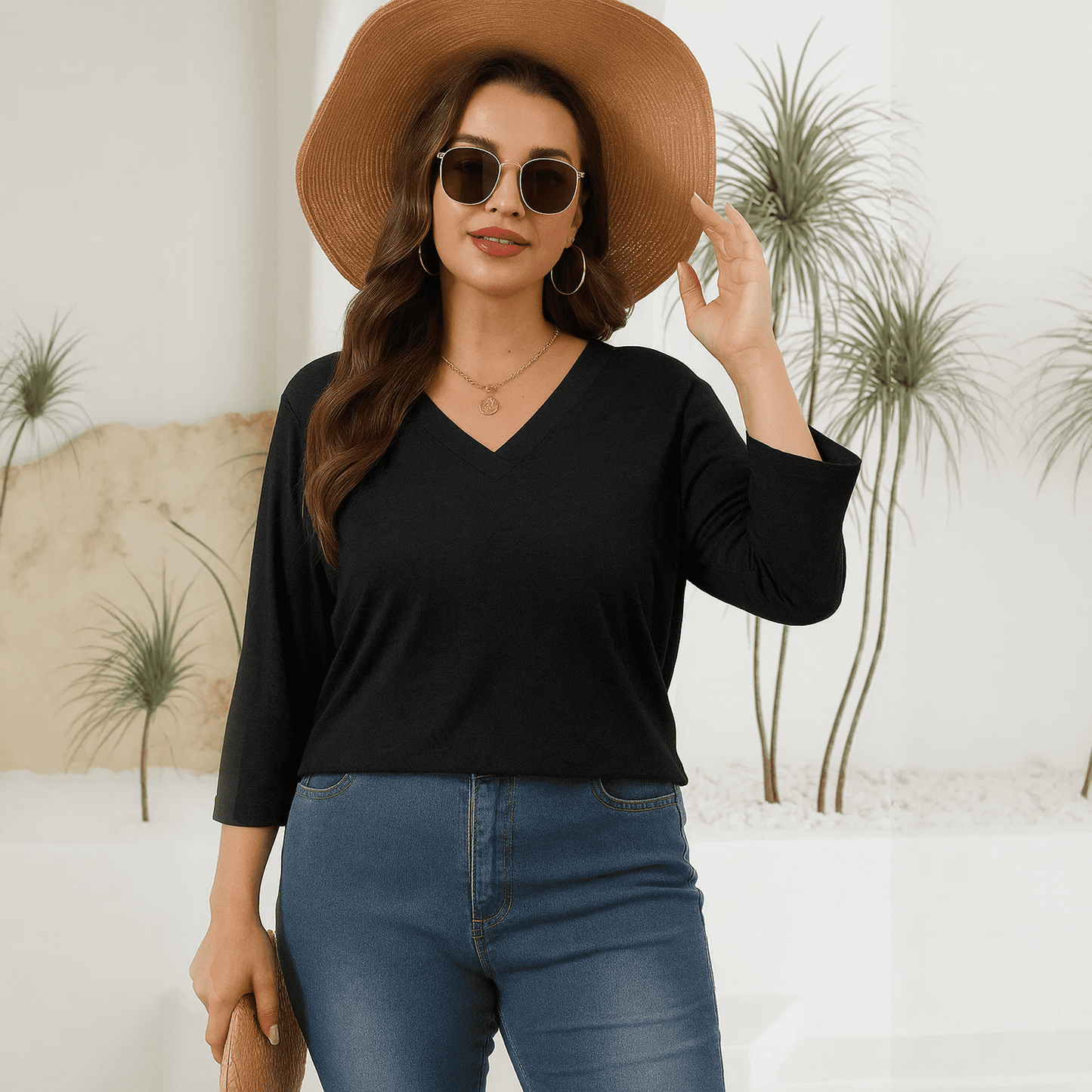 WQD 3/4 Length Sleeve Womens Tops V Neck Casual Tunic Shirts Basic T shirt Loose Fit Blouse Fashion Clothes Trendy Outfits for Fall Winter Spring