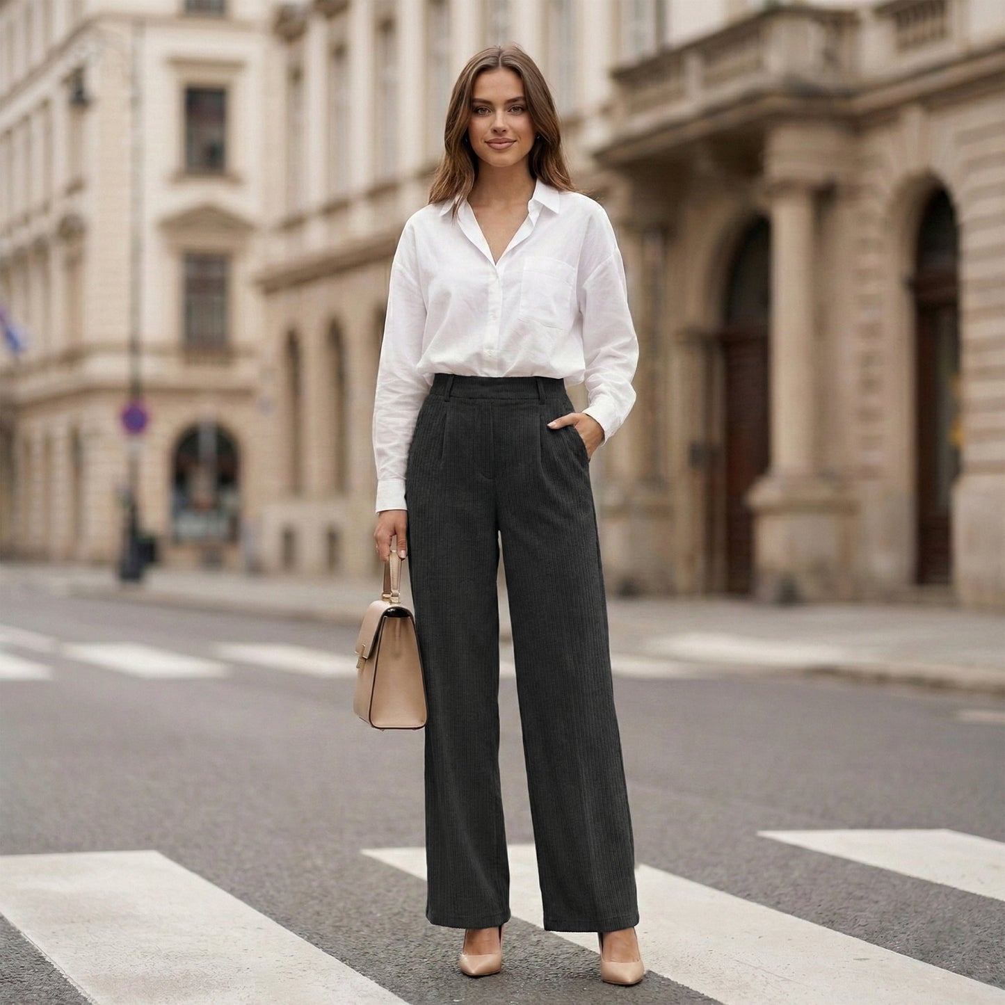 Women’s High Waisted Wide Leg Pants Casual Straight Leg Trousers with Front Pleats Elastic Back Waist Lounge Work Pants