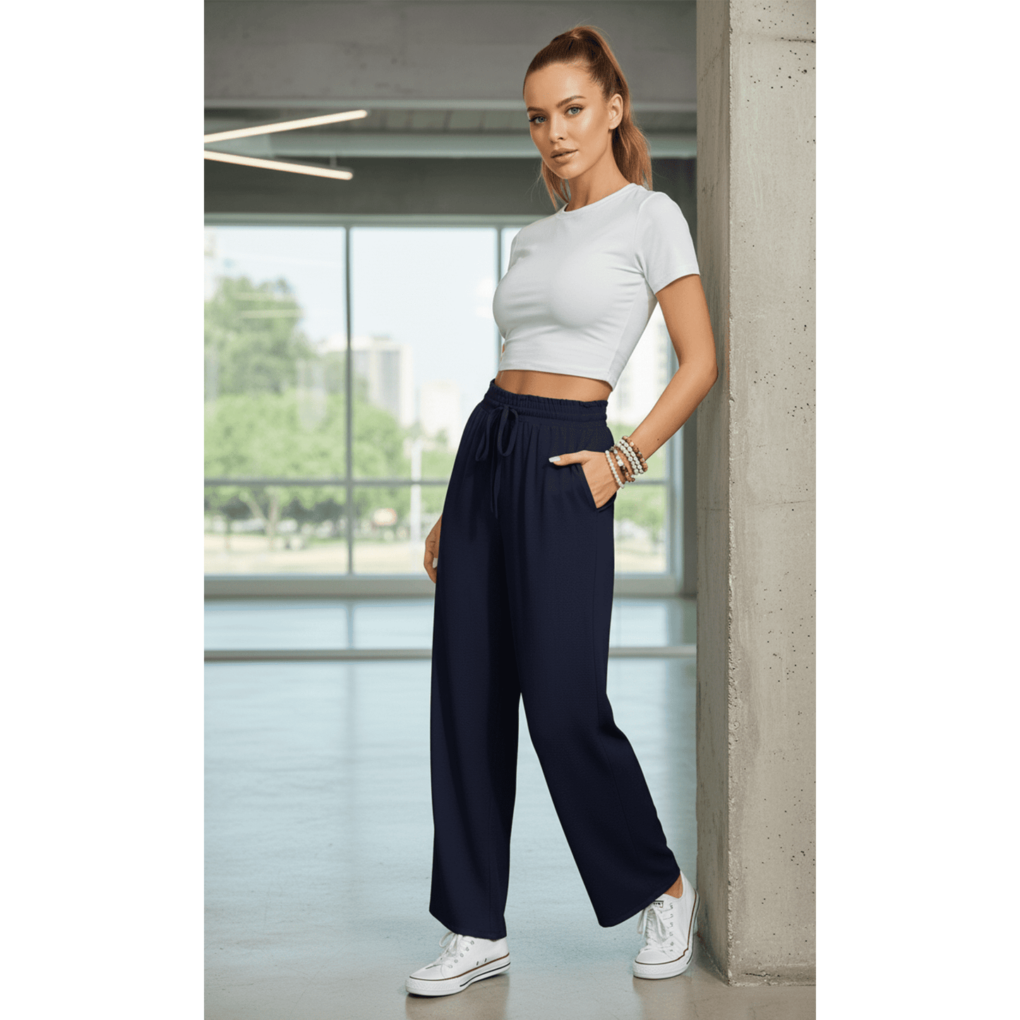 Women’s Casual Wide Leg Sweatpants Flowy Lounge Pants with Pockets Adjustable Tie Knot Elastic Waist Pajama Pants
