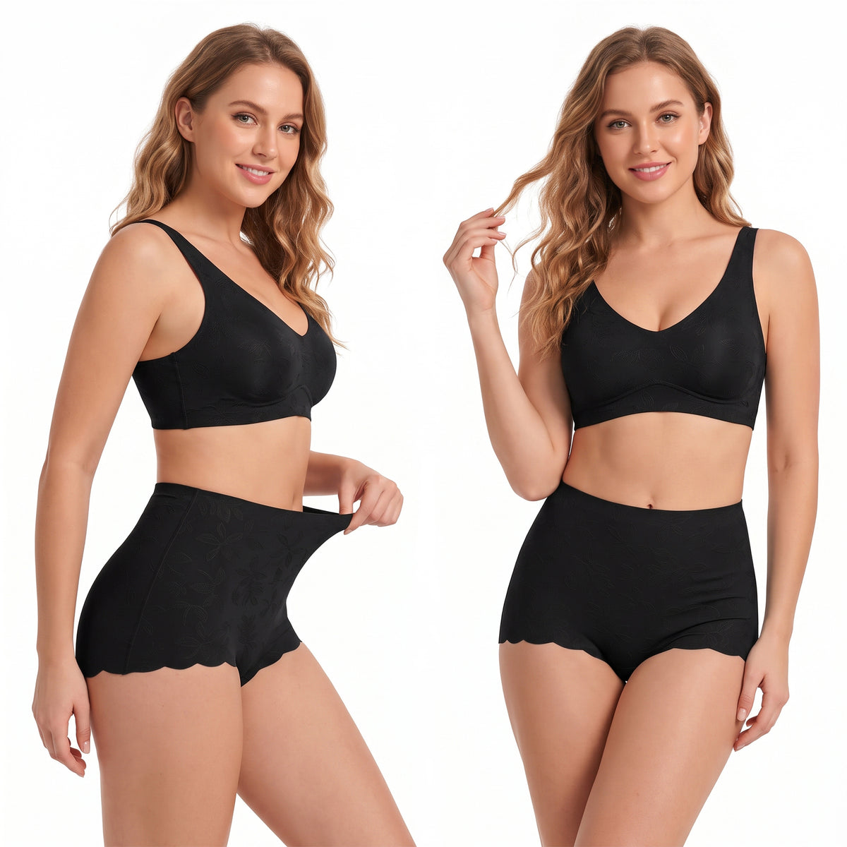 WQD 2 Pack Women's High Waisted Seamless Panties Tummy Control Full Coverage No Show Underwear Soft Stretch Breathable Invisible Briefs Floral Jacquard Everyday Panties M-4XL Plus Size