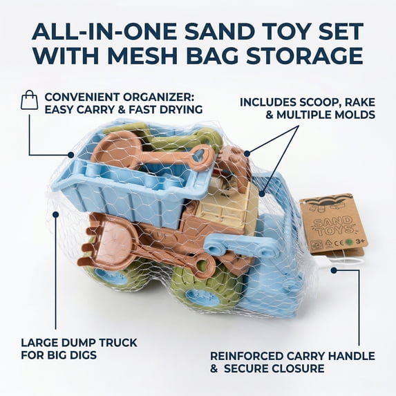 Flynow 7 PCS Beach Toy Set for Kids 3+ Years Old, Friendly Travel Play Sand Construction Set, Sand Castle Building Kit, Outdoor Car Toy Set, Birthday Gift for Girl Boy Age 3 4 5 6 7 8