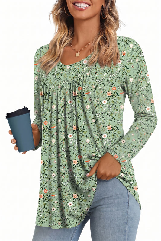 WQD Women's Long Sleeve Tunic Tops Floral Print Casual Crew Neck Pleated Blouse Loose Fit Flowy Shirts Dressy Casual Tops for Leggings S-4XL Plus Size