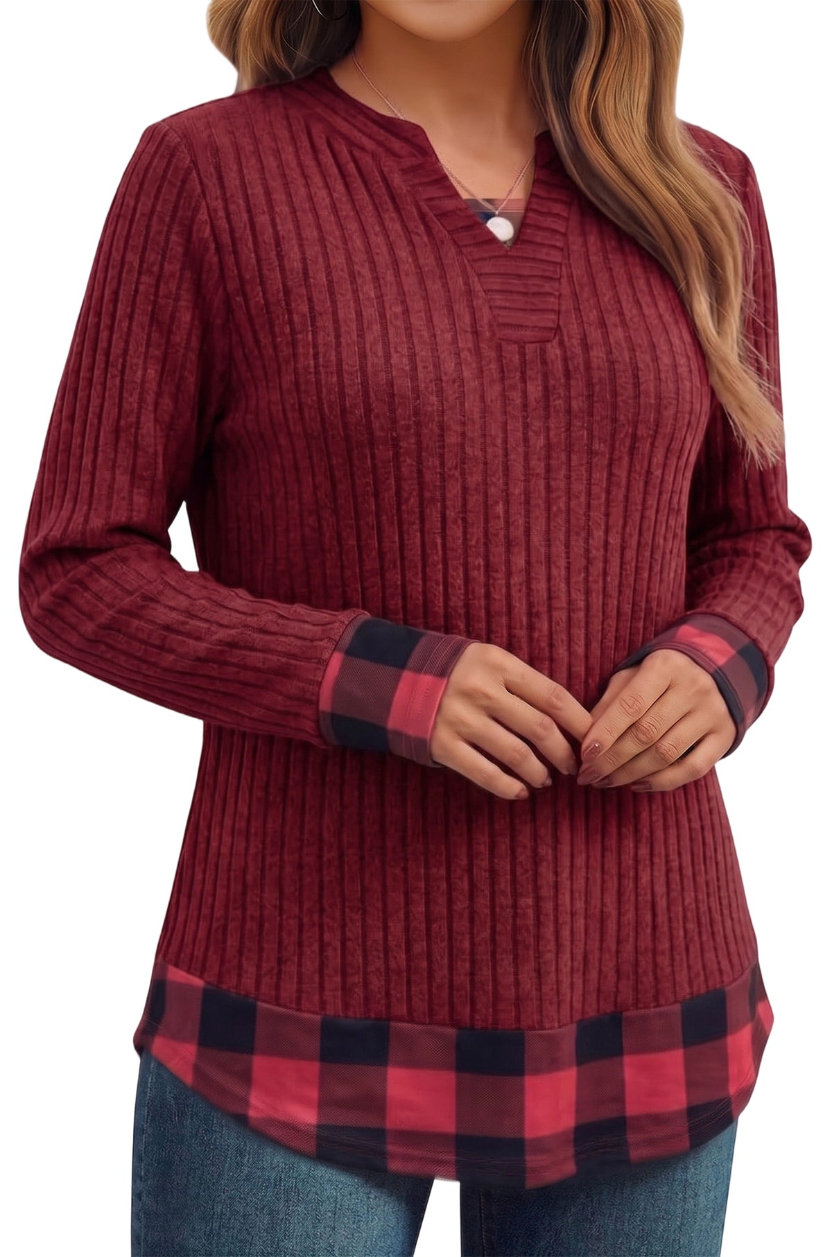 Long Sleeve Shirts for Women Casual V Neck Plaid Fake Two Piece Tops Lightweight Knit Tops Plus Size S-4XL