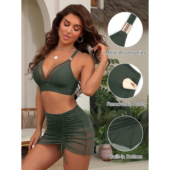 WQD Womens Bikini Set High Waisted 2 Piece Swimsuits Tummy Control Bathing Suits Curvy Mesh Swim Skirt Swimwear