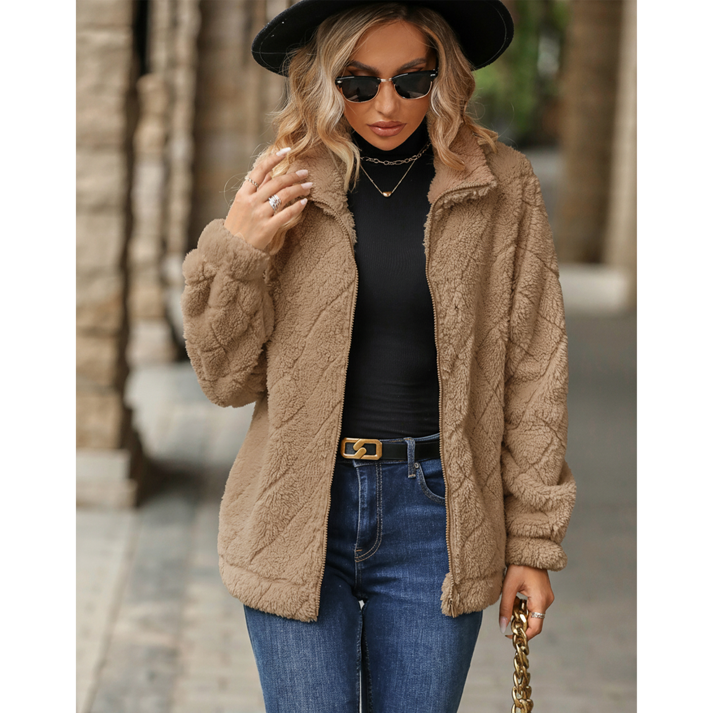 WQD Womens Sherpa Fleece Zip Up Jacket Long Sleeve Stand Collar Warm Fuzzy Teddy Coat Casual Winter Outerwear Soft Cozy Plush Sweatshirt