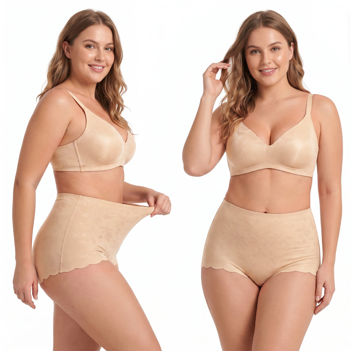 WQD 2 Pack Women's High Waisted Seamless Panties Tummy Control Full Coverage No Show Underwear Soft Stretch Breathable Invisible Briefs Floral Jacquard Everyday Panties M-4XL Plus Size