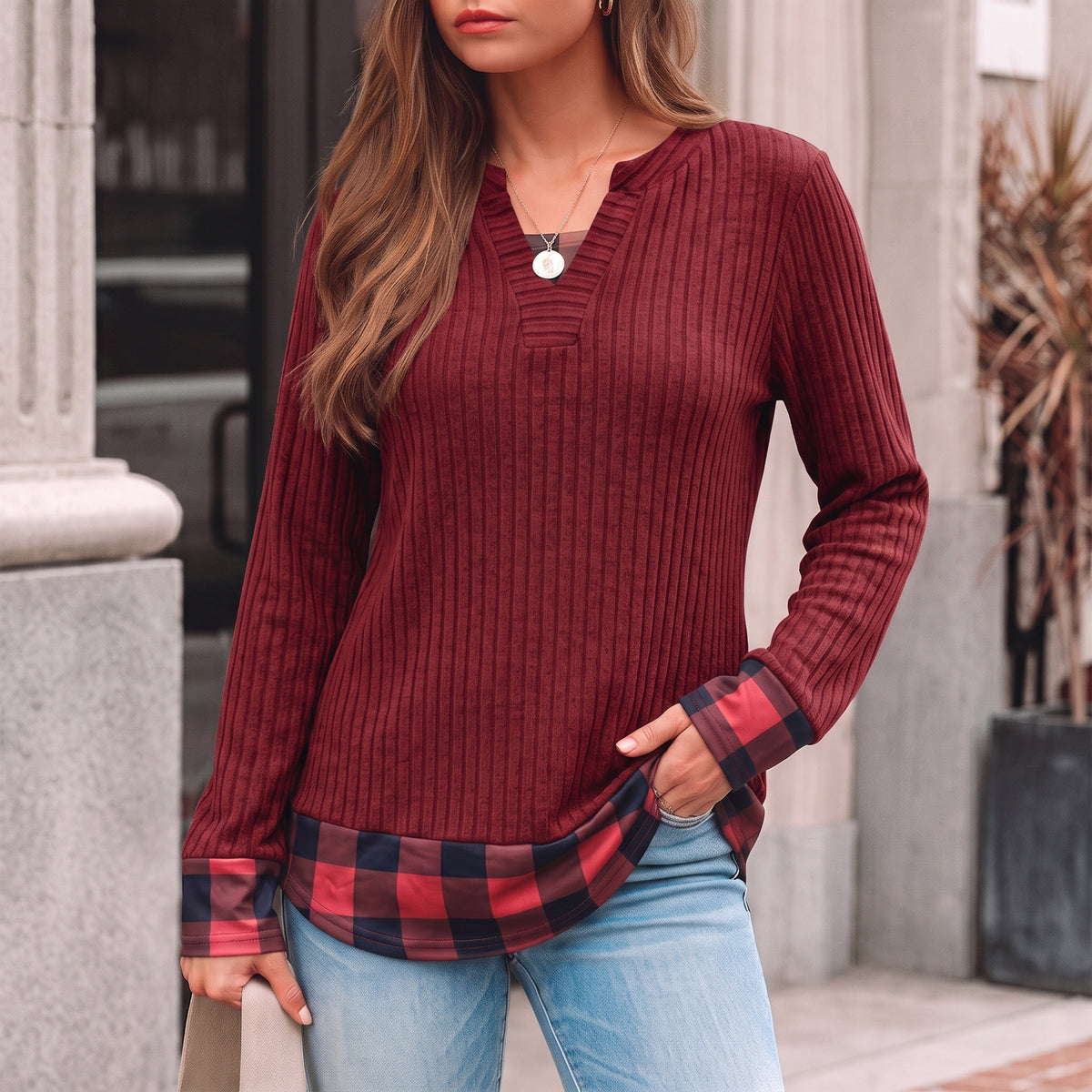 Long Sleeve Shirts for Women Casual V Neck Plaid Fake Two Piece Tops Lightweight Knit Tops Plus Size S-4XL