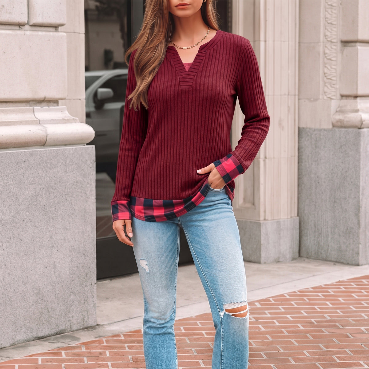 Long Sleeve Shirts for Women Casual V Neck Plaid Fake Two Piece Tops Lightweight Knit Tops Plus Size S-4XL