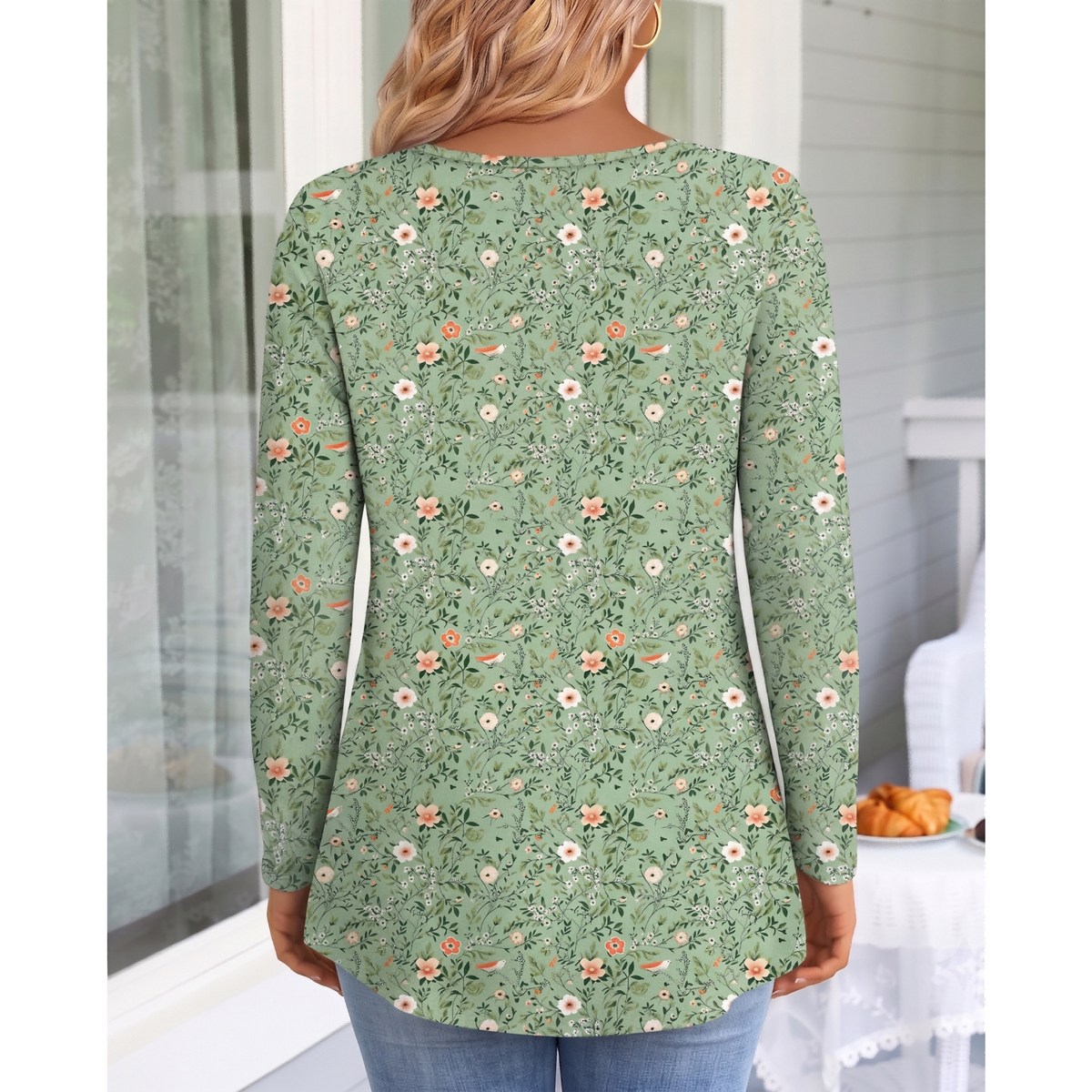 WQD Women's Long Sleeve Tunic Tops Floral Print Casual Crew Neck Pleated Blouse Loose Fit Flowy Shirts Dressy Casual Tops for Leggings S-4XL Plus Size