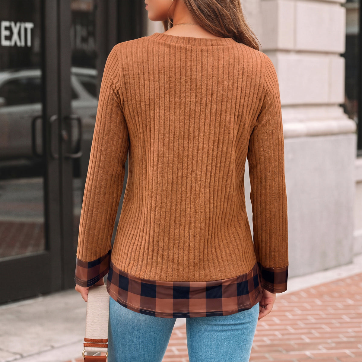 Long Sleeve Shirts for Women Casual V Neck Plaid Fake Two Piece Tops Lightweight Knit Tops Plus Size S-4XL