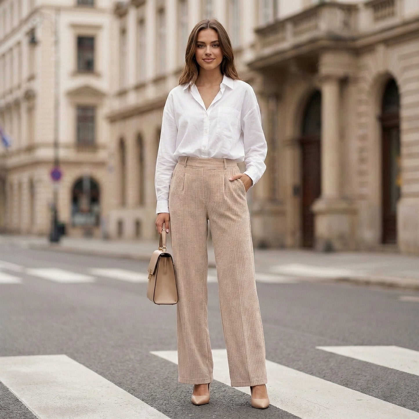 Women’s High Waisted Wide Leg Pants Casual Straight Leg Trousers with Front Pleats Elastic Back Waist Lounge Work Pants