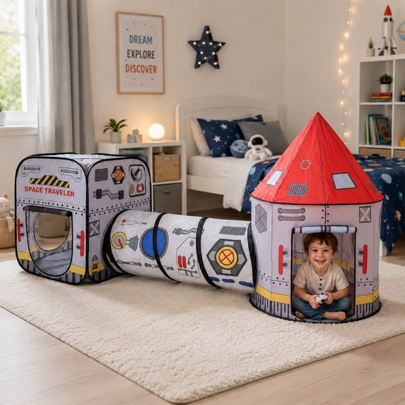 Flynow Rocket Ship Pop up Play Tent toys for 0-1-2-3-4-5-6 year old with Tunnel and Playhouse Kids Indoor Outdoor Castle Ball Pit For Baby&Toddler Toys Spaceship Tent Set