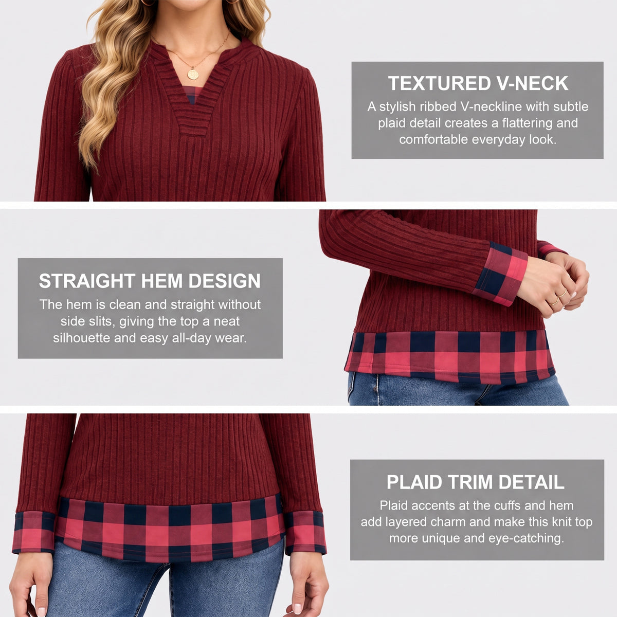 Long Sleeve Shirts for Women Casual V Neck Plaid Fake Two Piece Tops Lightweight Knit Tops Plus Size S-4XL