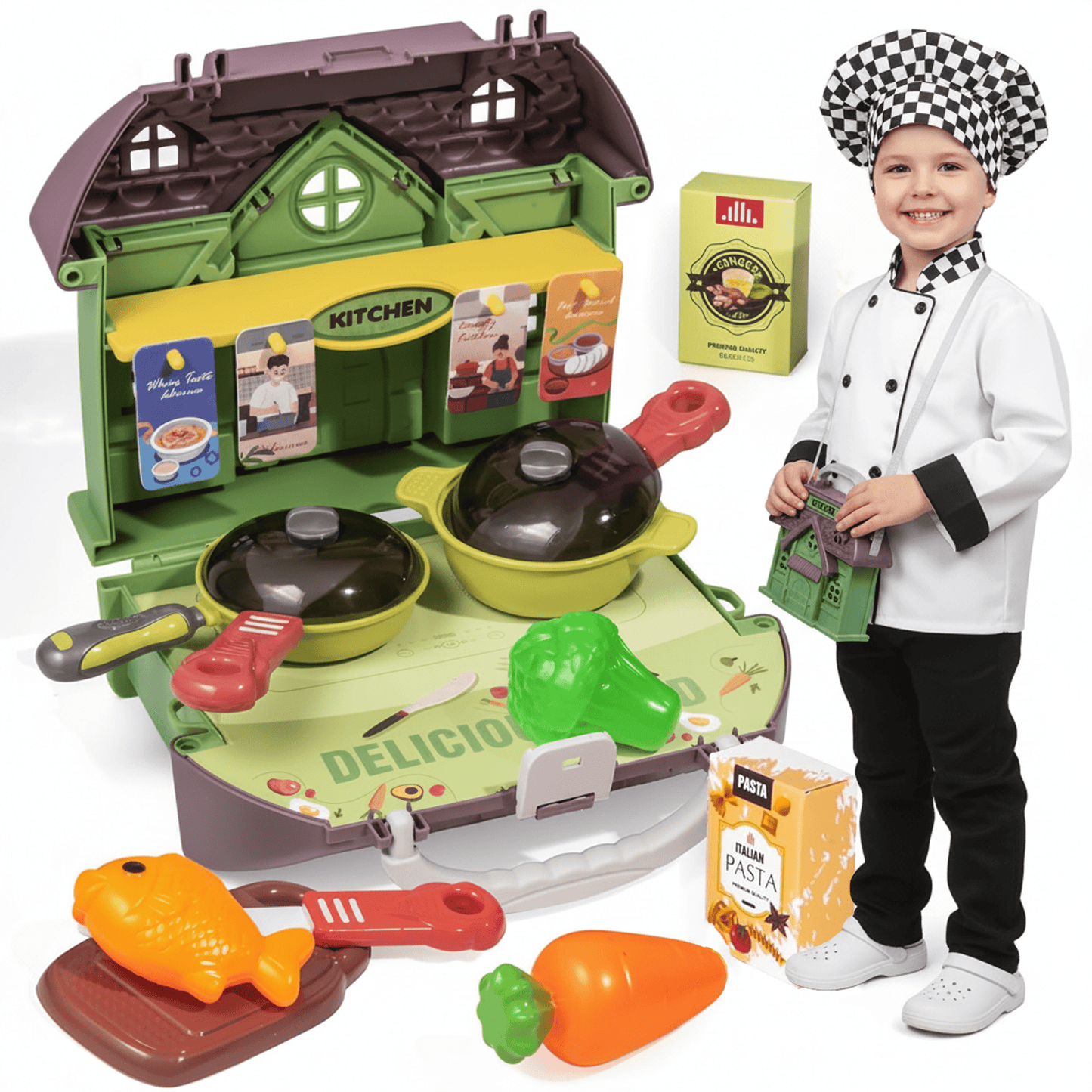 Flynow Kids Kitchen Playset Toys, Cooking Pretend Play for Toddler 1-3 Year Old, 23pcs Interactive Toy Accessories with Food Utensils Pots, Christmas Birthday Gift for Girls Age 2 4 5 6 7 8 9 10