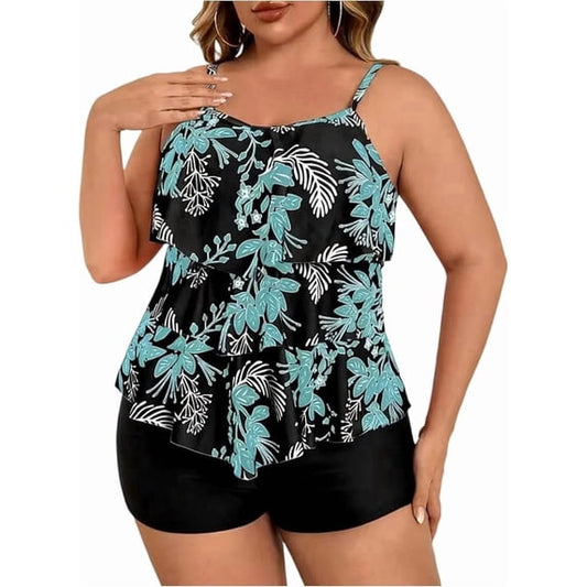 Plus Size Tankini Swimsuits for Women Tummy Control 2 Piece Bathing Suit Ruffle Flounce Swim Top with Boyshorts Modest Floral Swimwear