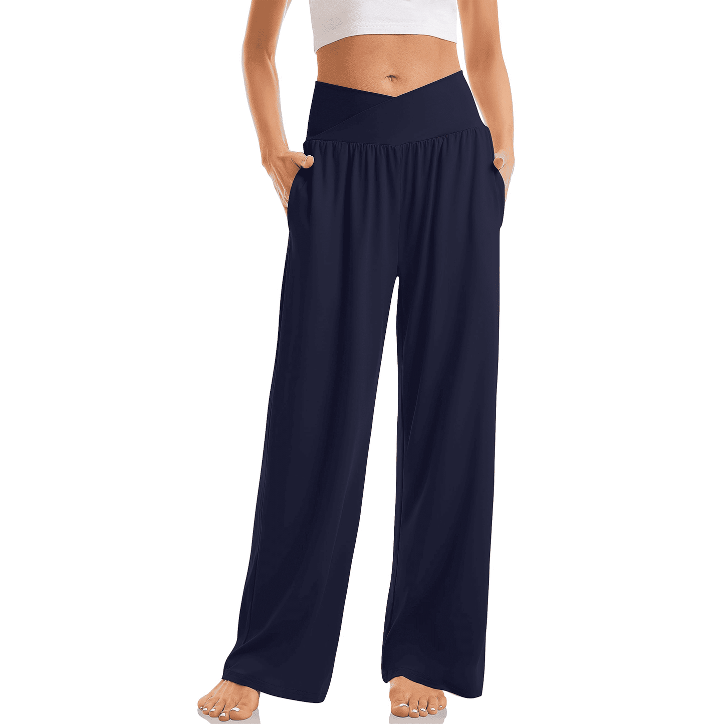 WQD Women’s Sweatpants Wide Leg Lounge Pants Crossover High Waist Yoga Pants with Pockets Comfy Loose Fit Flowy Casual Pajama Pants