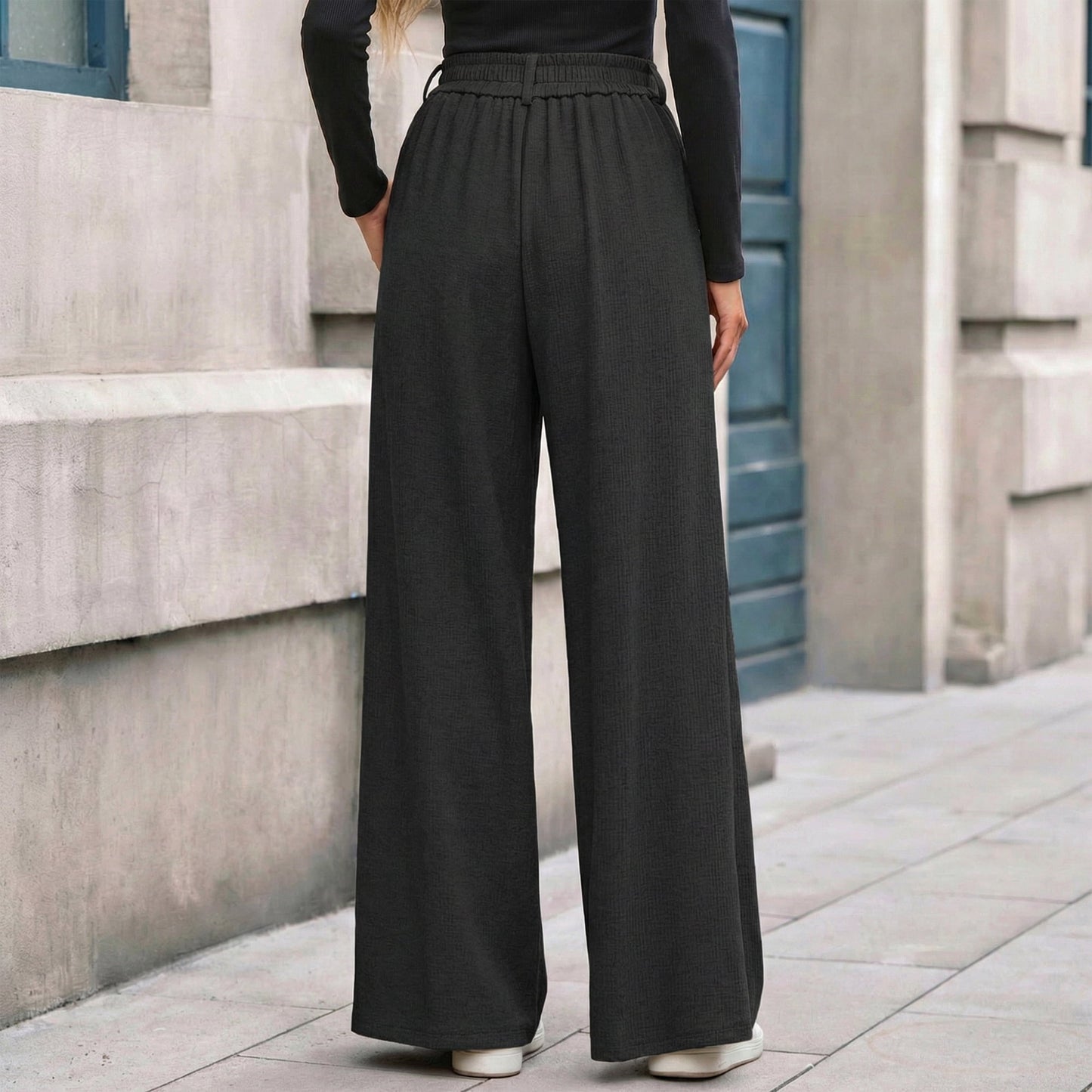 Women’s High Waisted Wide Leg Pants Casual Straight Leg Trousers with Front Pleats Elastic Back Waist Lounge Work Pants