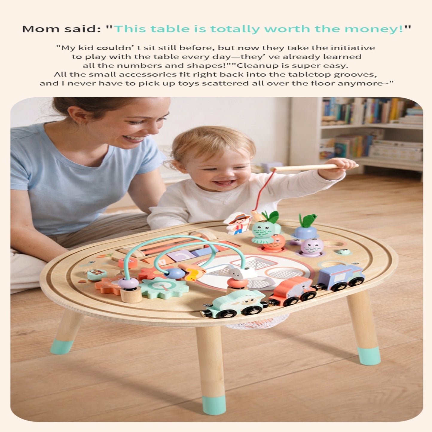 Flynow Baby Busy Board Toys 10-in-1 Wooden Sensory Activity Table, Montessori Toddler Toy Shape Sorter, Fishing, Bead Maze & Train Track, Educational Learning Birthday Gift for 1+ Year Old Boys Girls